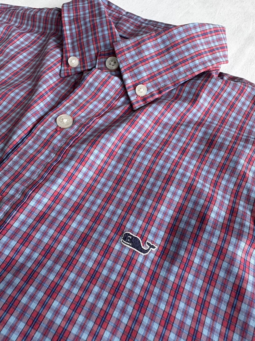 Vineyard Vines Boys Whale Shirt Red Blue Plaid Button Down Size L 16